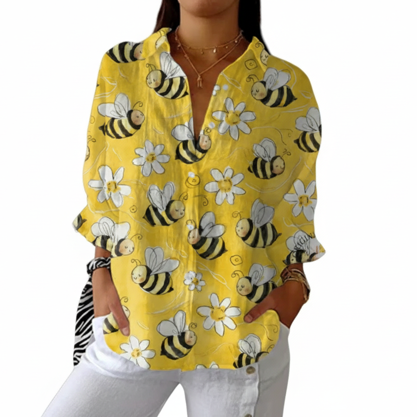 Multicolour women's blouse with cheerful bee and flower print
