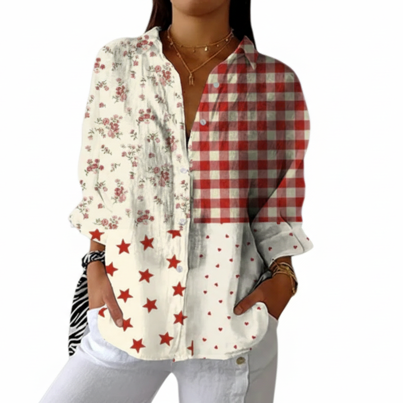 Multicolour countryside patchwork blouse with nostalgic prints in a relaxed, characterful style