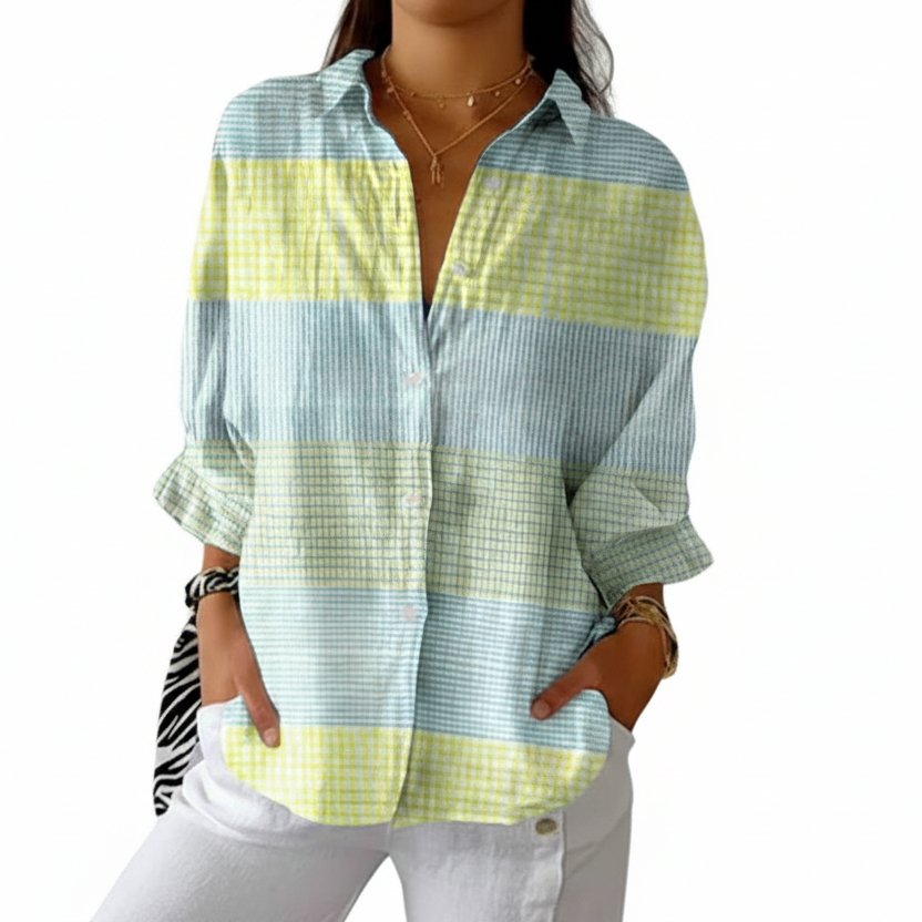 Blouse with a soft pastel blue and yellow grid print in a relaxed, floaty style