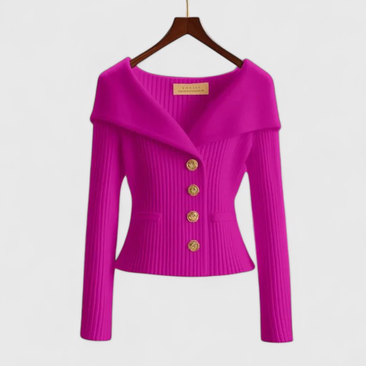 Soft elegant cardigan in yellow, red, white and black with a classic neat silhouette