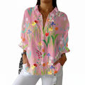 Pink spring floral blouse with a tulip and daffodil print in a floaty, relaxed style
