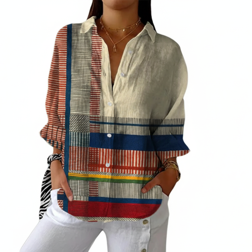Multicolour artistic print statement blouse with bold, unique colours and shapes in a relaxed fit
