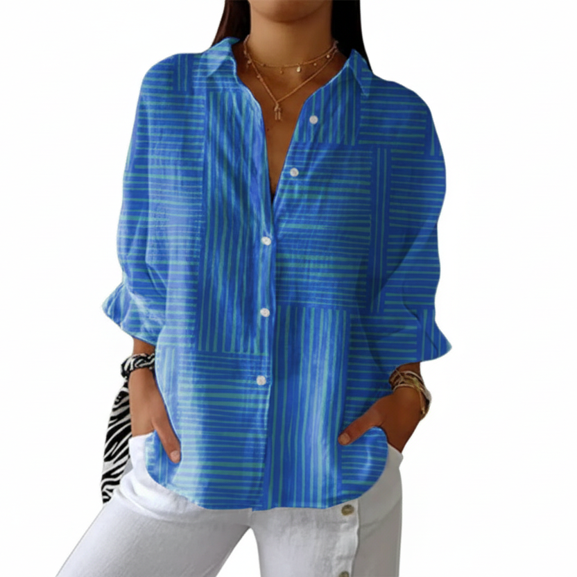 Blue and white striped modern blouse with a vibrant azure base and crisp white stripe detail