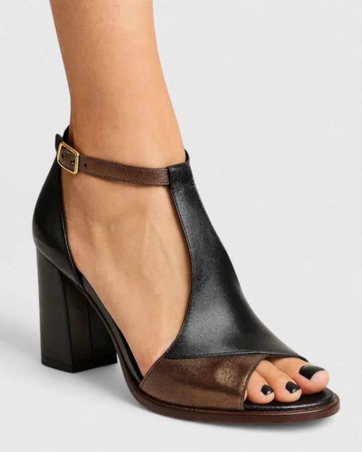 Women's open block-heel sandals in black with a graphic contemporary heel and ankle strap