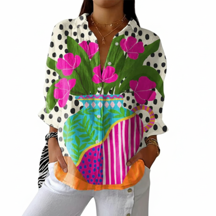 Multicolour women's blouse with a bold artistic vase and floral print