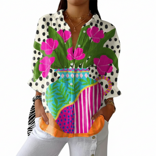 Multicolour women's blouse with a bold artistic vase and floral print