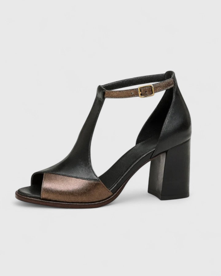 Women's open block-heel sandals in black with a graphic contemporary heel and ankle strap