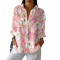 Multicolour romantic blouse with delicate lily and tulip floral print in a soft, elegant style