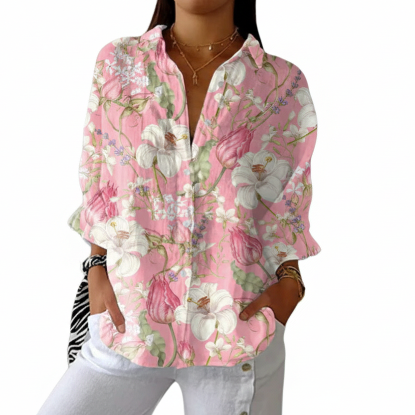 Multicolour romantic blouse with delicate lily and tulip floral print in a soft, elegant style