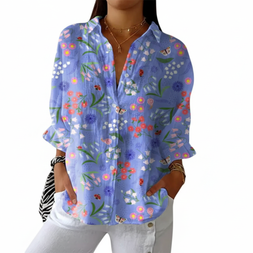 Multicolour blouse with cheerful colourful dog motifs all over in a relaxed casual style