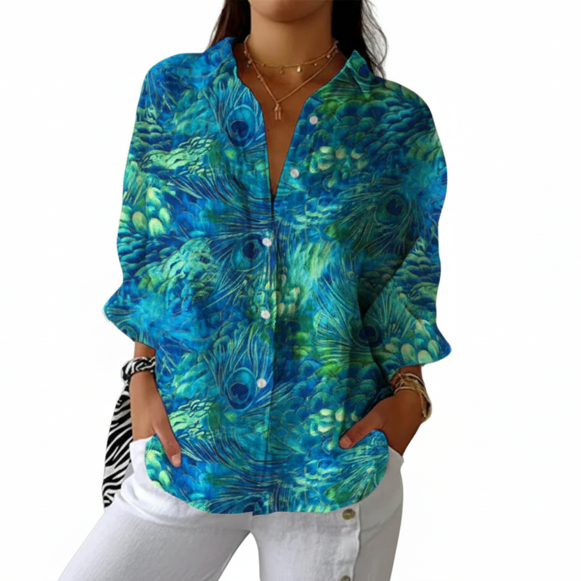 Multicolour nature-inspired print blouse with vibrant colours in a relaxed, elegant silhouette