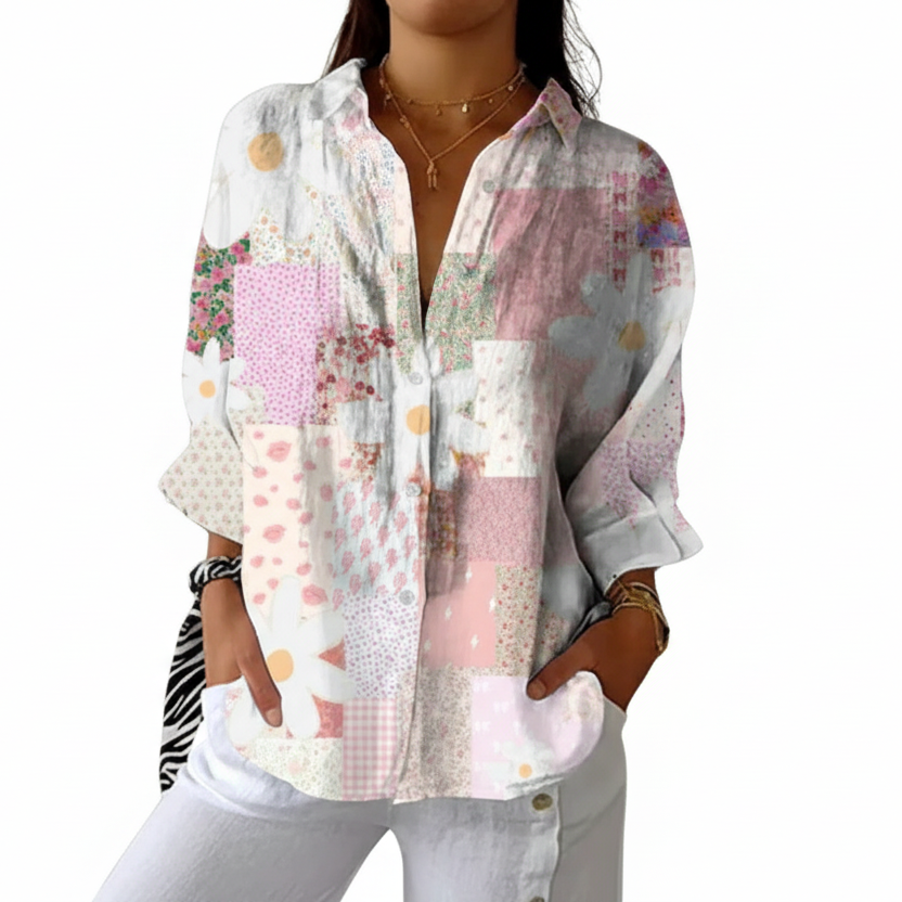 Multicolour daisy patchwork blouse in soft pastel tones with a relaxed, feminine silhouette
