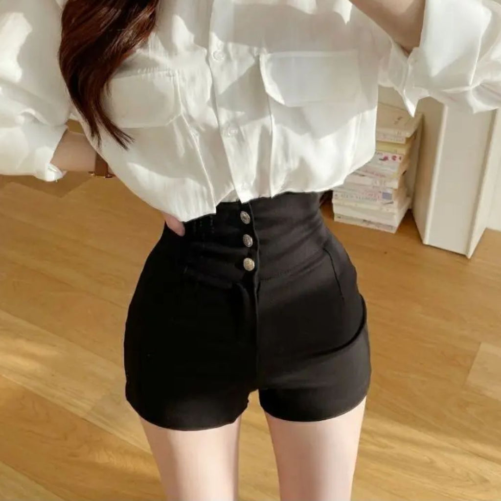 Women's high-waist shorts in crisp white with a clean, flattering silhouette