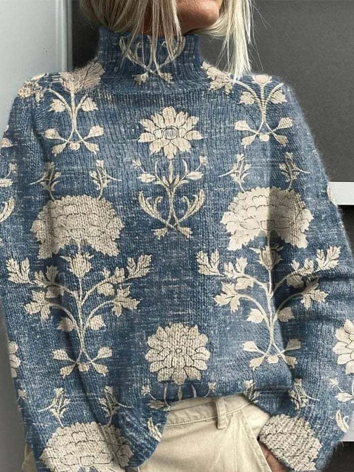A woman in a green roll-neck jumper with a woodland print of animals, birds and toadstools.