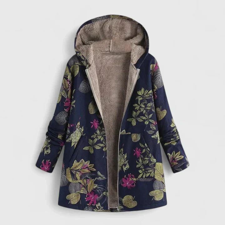 A cream hooded jacket with an all-over orange and green floral print and a soft lining.