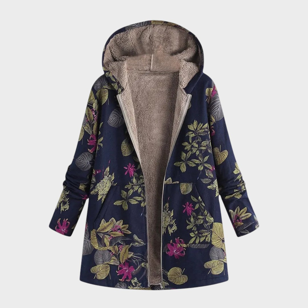 Padded jacket with hood in beige, pink and dark blue with a floral accent and relaxed silhouette