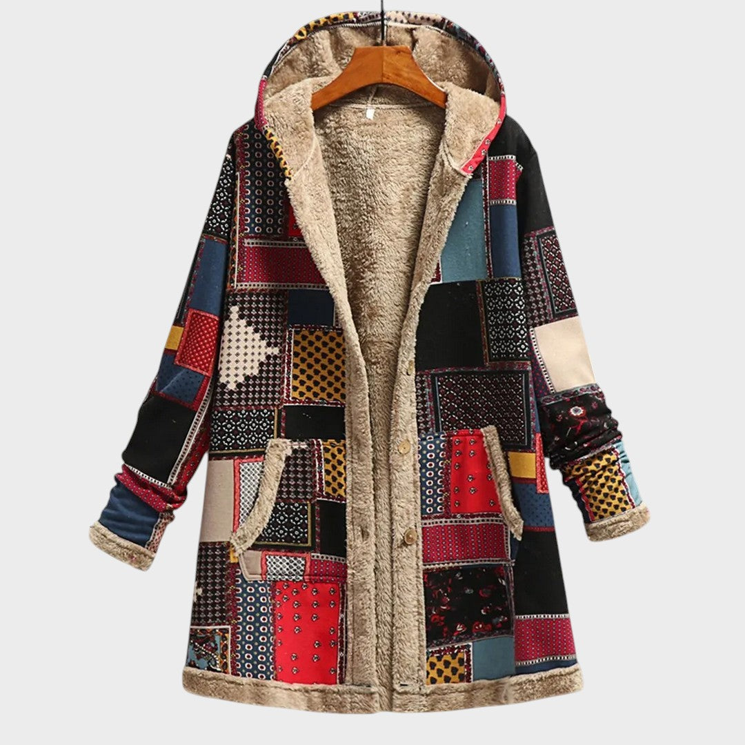 Padded jacket with hood in beige, pink and dark blue with a floral accent and relaxed silhouette