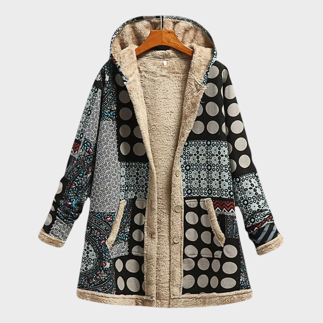 Padded jacket with hood in beige, pink and dark blue with a floral accent and relaxed silhouette