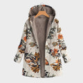 Padded jacket with hood in beige, pink and dark blue with a floral accent and relaxed silhouette