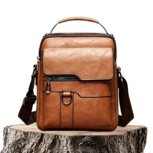 A woman carrying a roomy light brown practical handbag on her shoulder during a busy day out.