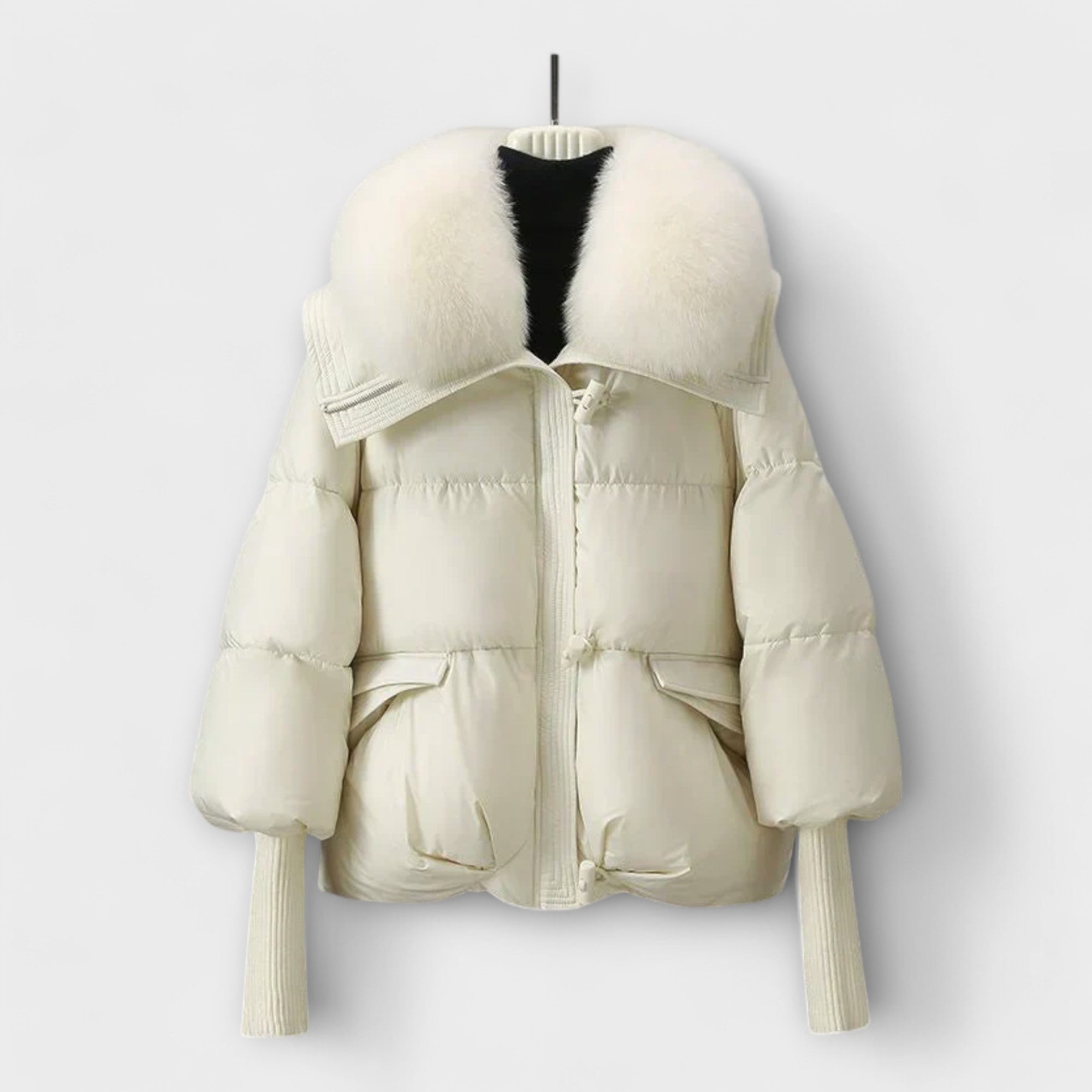 Fitted hooded padded jacket in black, white and brown with a sleek elegant silhouette