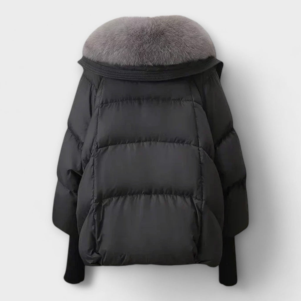 Fitted hooded padded jacket in black, white and brown with a sleek elegant silhouette