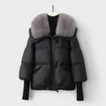 Fitted hooded padded jacket in black, white and brown with a sleek elegant silhouette
