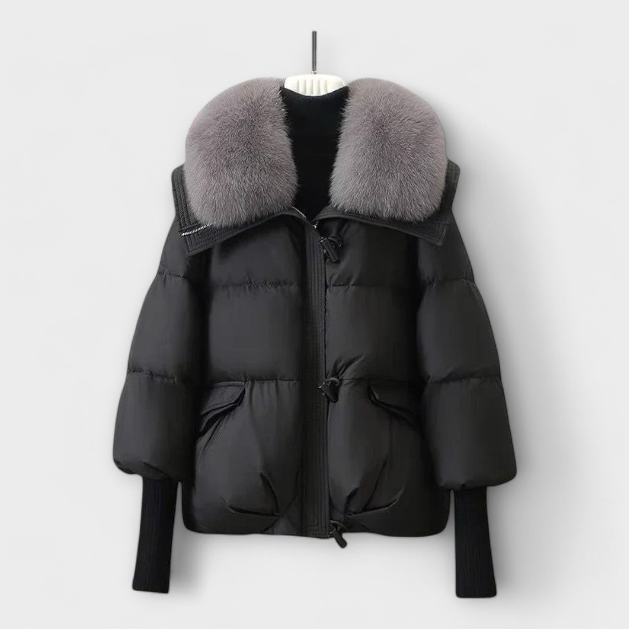 Fitted hooded padded jacket in black, white and brown with a sleek elegant silhouette