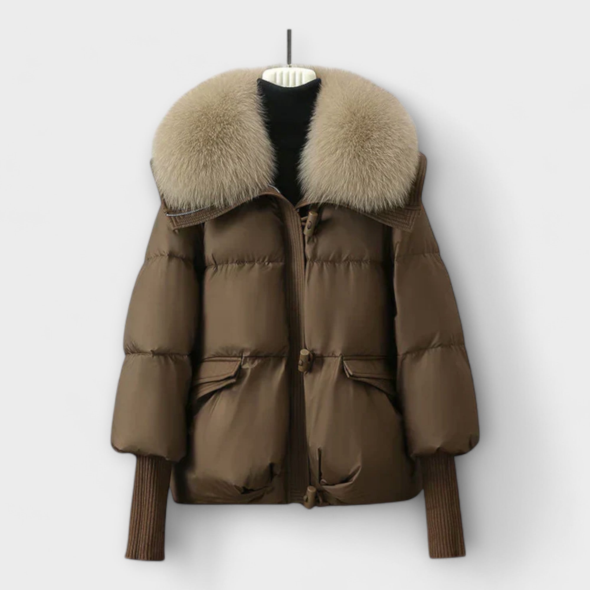 Fitted hooded padded jacket in black, white and brown with a sleek elegant silhouette