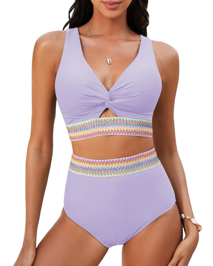 High-waist bikini in navy with contrasting colour band at the waist