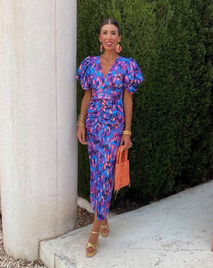 LOREN™ | Vibrant Midi Dress with Puff Sleeves