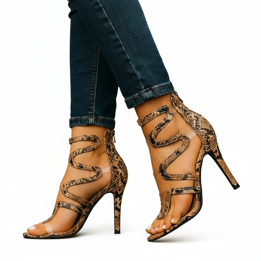 Women's high-heeled sandals with a snake print upper and transparent straps in beige
