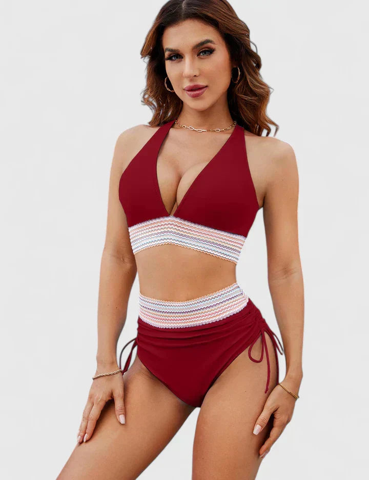High-waist crossover-top bikini in sage green, light blue, black, dark blue, red and rose