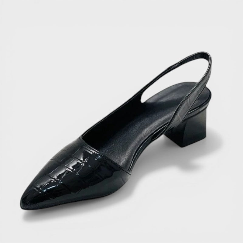 Women's pointed-toe slingback heels in dark brown with an adjustable back strap and elegant silhouette