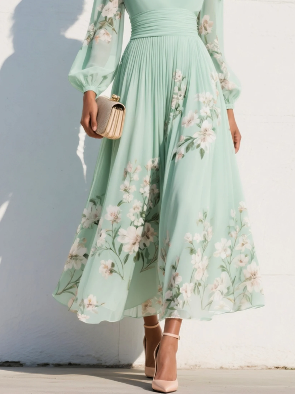 AURELIE™ | Mint Green Pleated Chiffon Maxi Dress with Floral Print