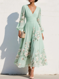 AURELIE™ | Mint Green Pleated Chiffon Maxi Dress with Floral Print