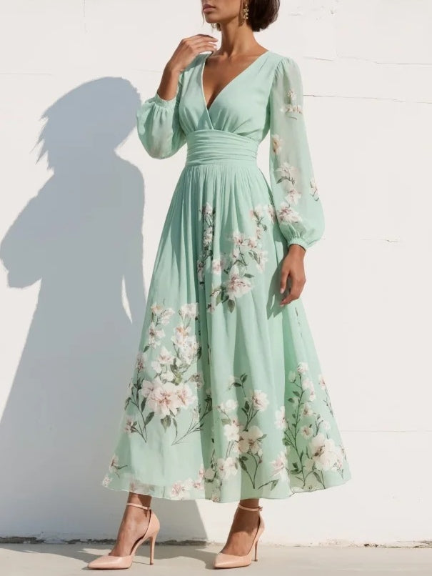 AURELIE™ | Mint Green Pleated Chiffon Maxi Dress with Floral Print