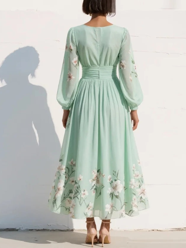 AURELIE™ | Mint Green Pleated Chiffon Maxi Dress with Floral Print