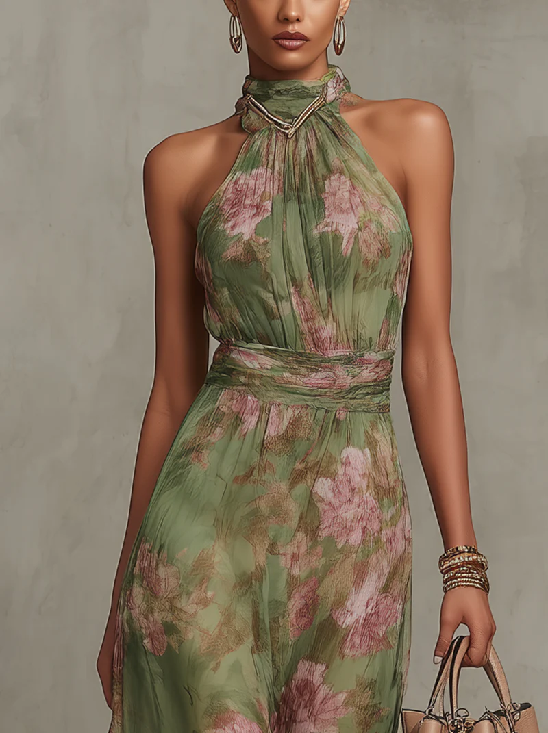 SERENA™ | Long Green Floral Chiffon Dress with Halter Neckline