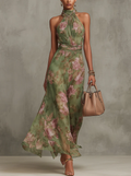 SERENA™ | Long Green Floral Chiffon Dress with Halter Neckline