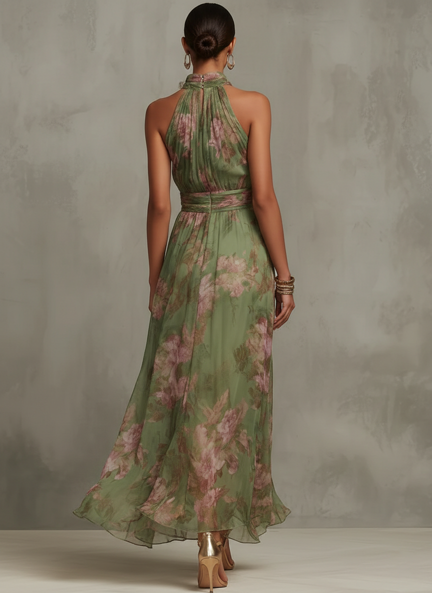 SERENA™ | Long Green Floral Chiffon Dress with Halter Neckline