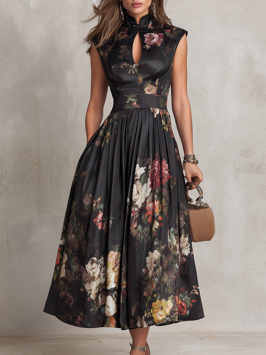 VIOLETTA™ | Black Pleated Midi Dress with Floral Pattern and Keyhole Neckline