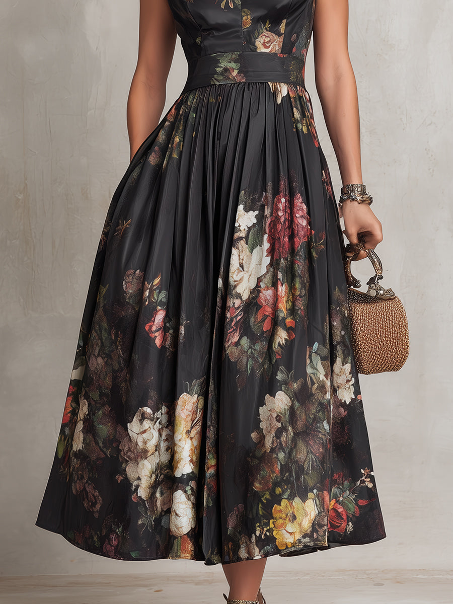 VIOLETTA™ | Black Pleated Midi Dress with Floral Pattern and Keyhole Neckline