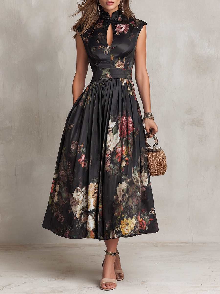 VIOLETTA™ | Black Pleated Midi Dress with Floral Pattern and Keyhole Neckline