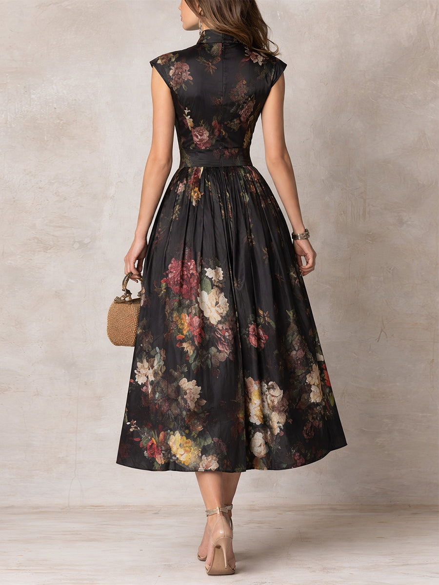 VIOLETTA™ | Black Pleated Midi Dress with Floral Pattern and Keyhole Neckline
