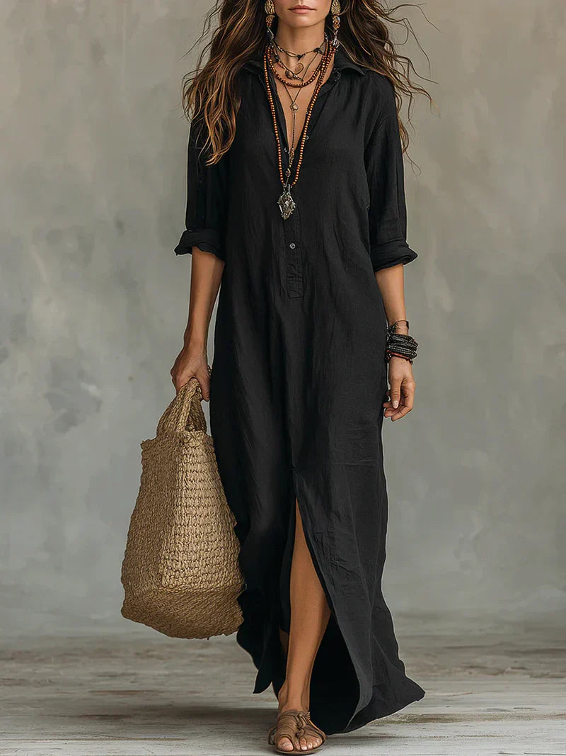 Selena™ | European Black Loose Maxi Dress with Buttons