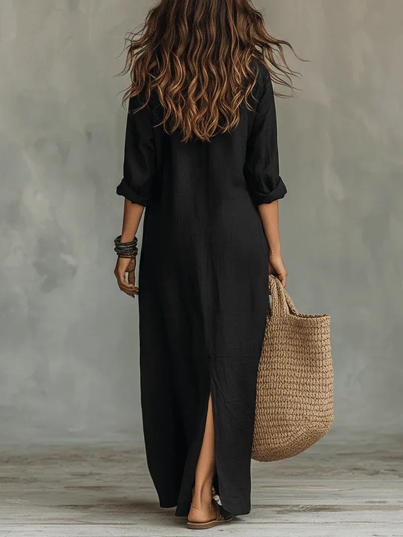 Selena™ | European Black Loose Maxi Dress with Buttons