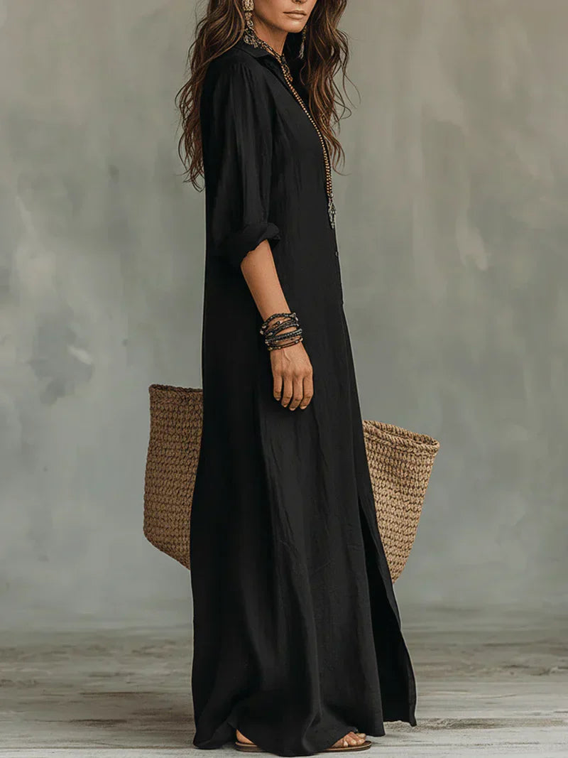 Selena™ | European Black Loose Maxi Dress with Buttons