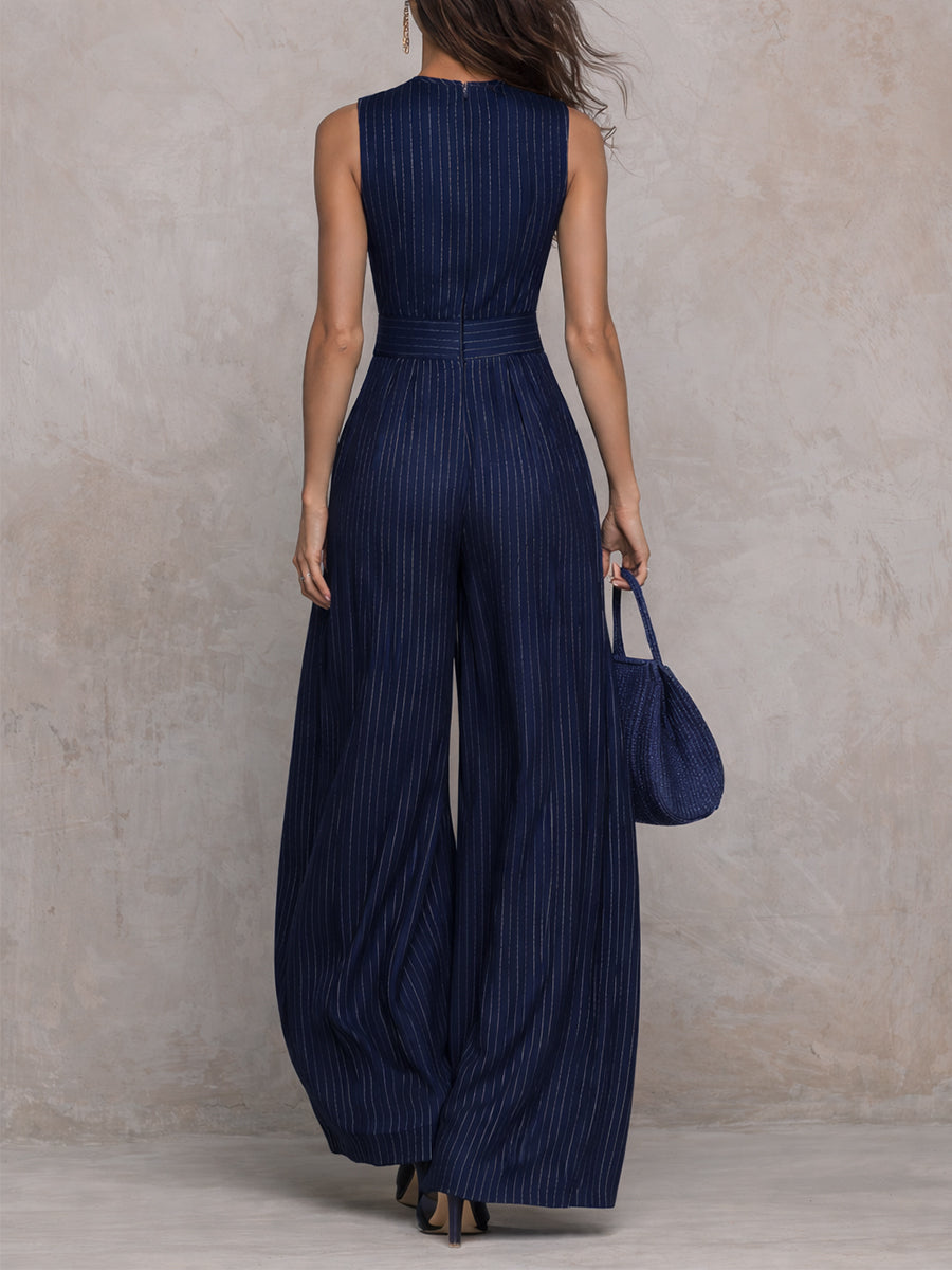 ANNA™ | Dark Blue Striped Jumpsuit with Keyhole Neckline and Wide-Leg Trousers