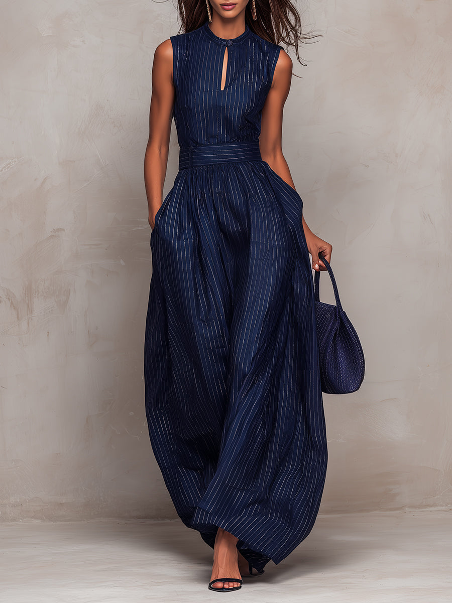 ANNA™ | Dark Blue Striped Jumpsuit with Keyhole Neckline and Wide-Leg Trousers